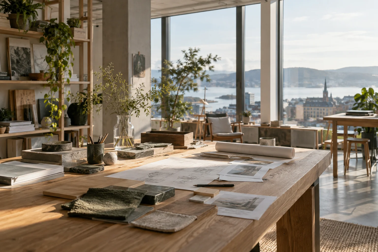 Lyst kreativt studio med utsikt over Oslo